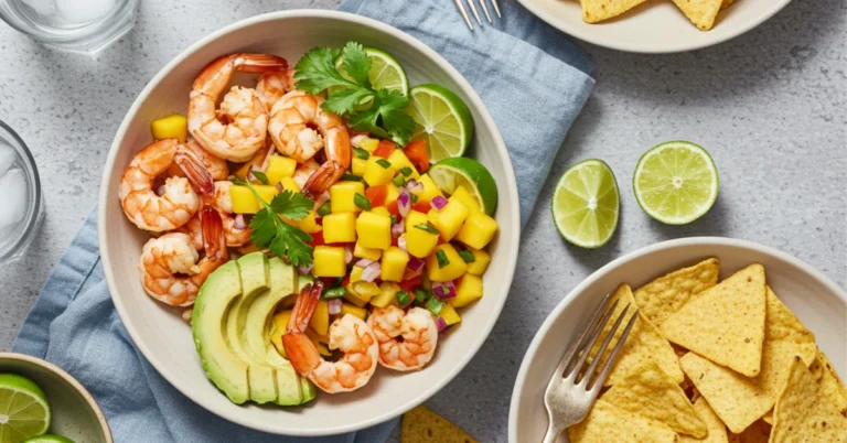 Featured shrimp and avocado bowl with mango salsa in a rustic bowl