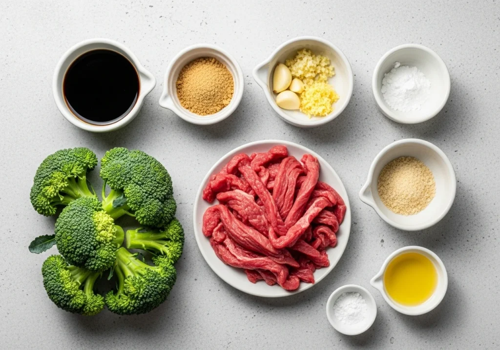 Ingredients for making homemade beef and broccoli recipe arranged on a countertop.