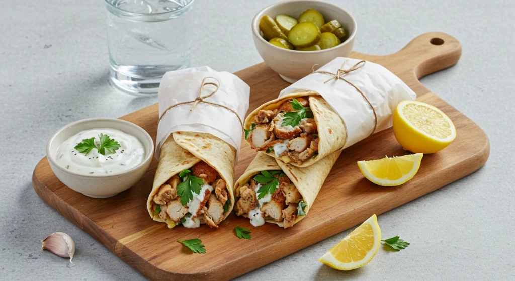 Chicken Shawarma Wrap with fresh toppings and garlic sauce