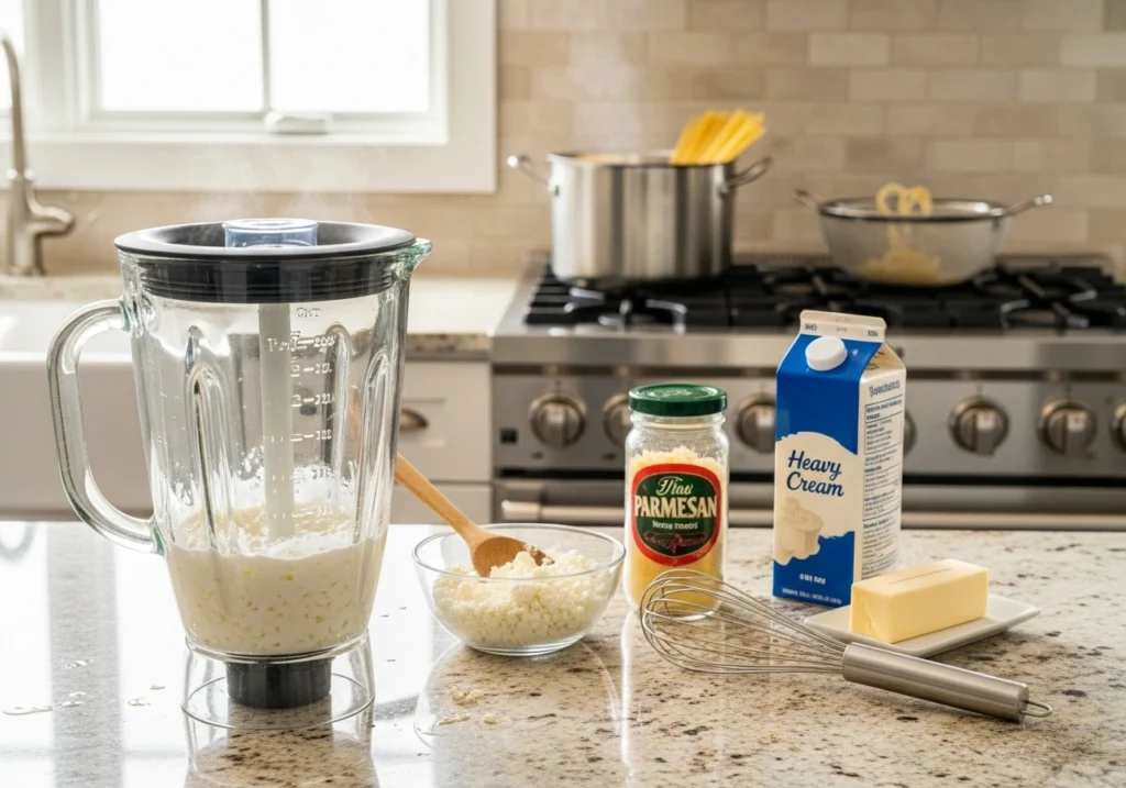 Blending cottage cheese in a blender to create a creamy Alfredo sauce base.