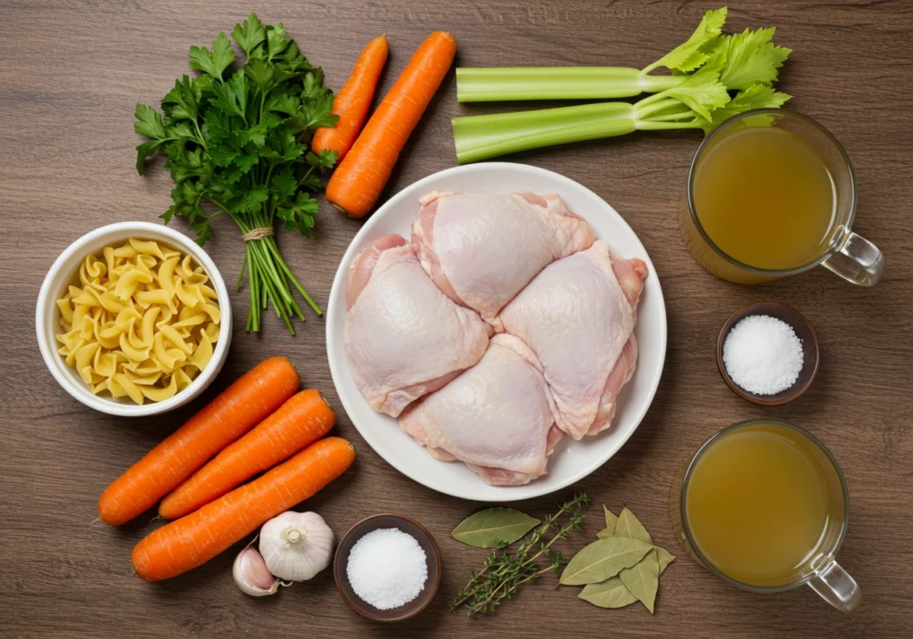 Fresh ingredients for homemade chicken noodle soup on a table.
