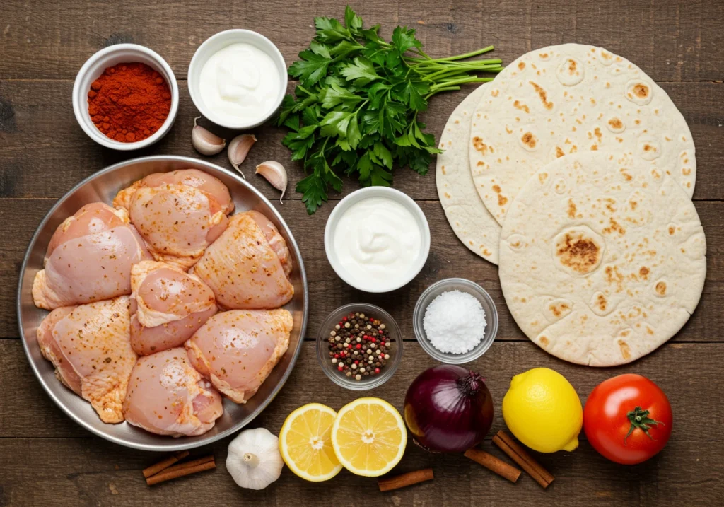 Ingredients for chicken shawarma wrap including spices, chicken, and pita