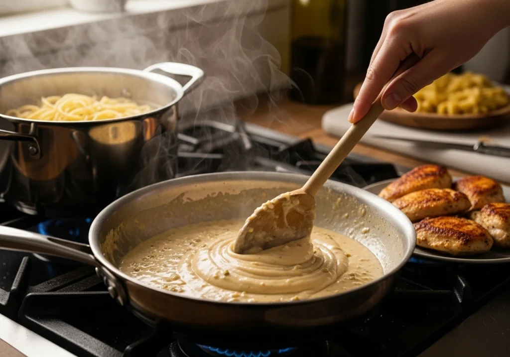 Cooking garlic parmesan chicken pasta with creamy sauce in a skillet.