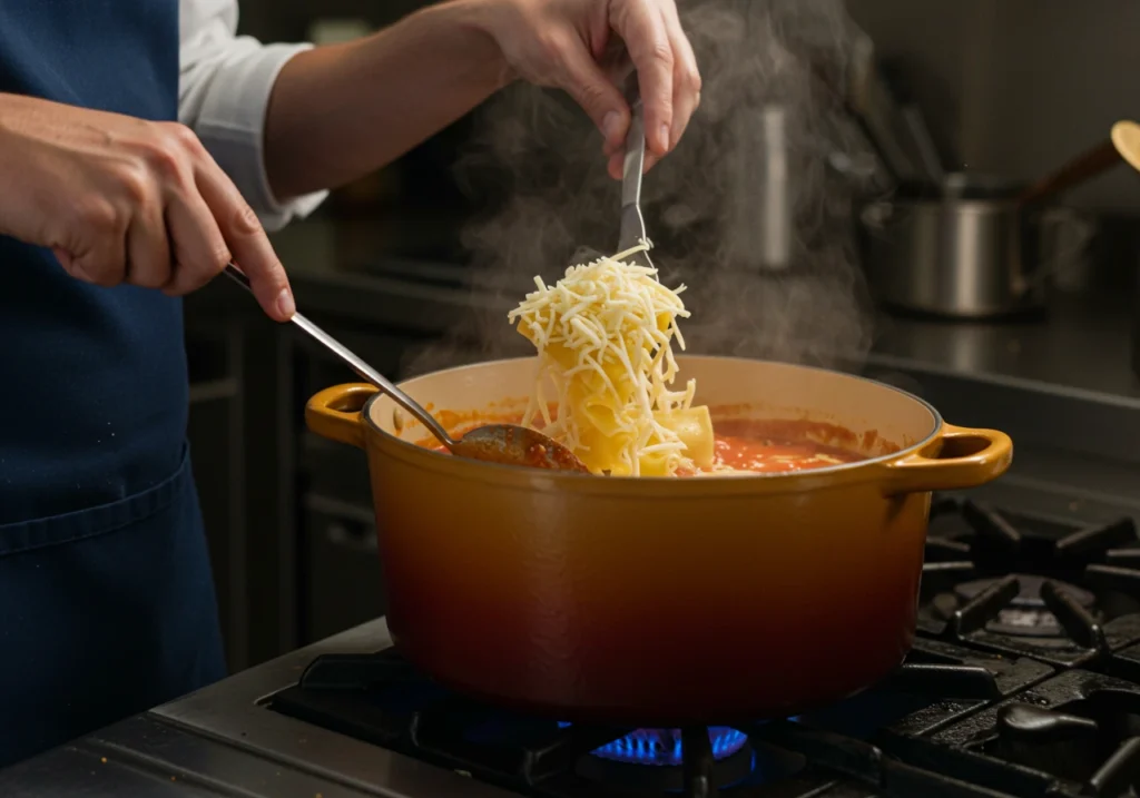 Person stirring creamy lasagna soup in a pot with noodles and melted cheese.