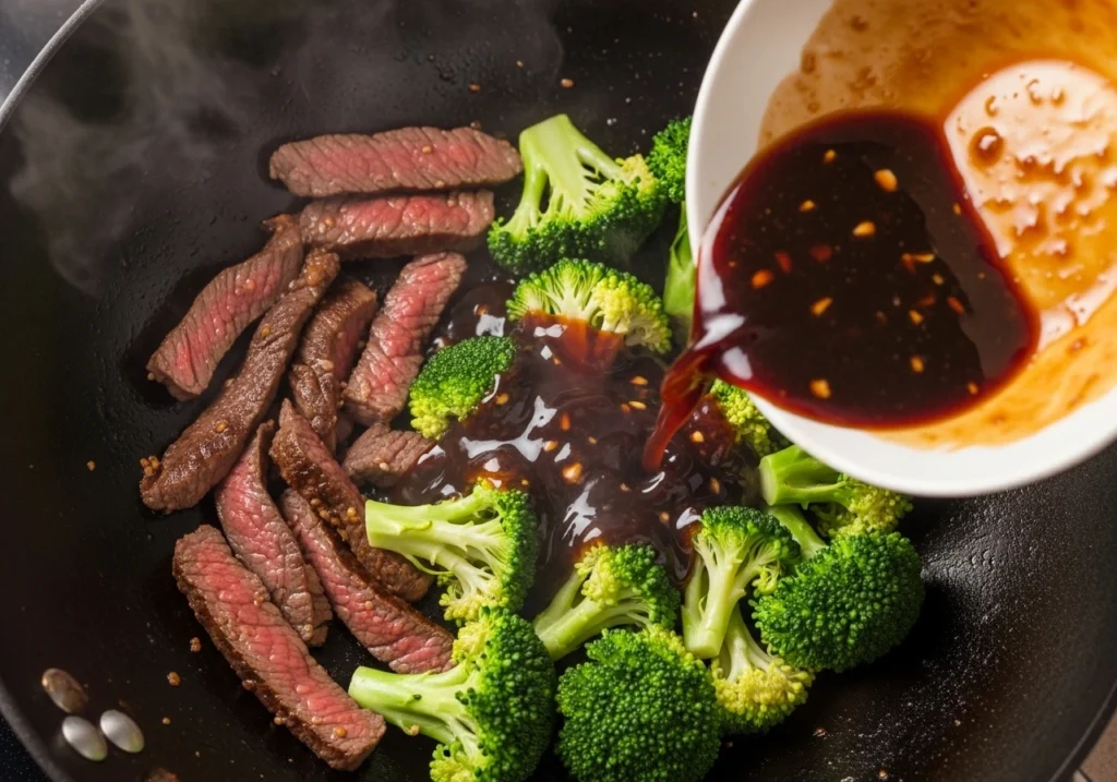 Stir-frying beef and broccoli in a wok with soy-garlic sauce bubbling.