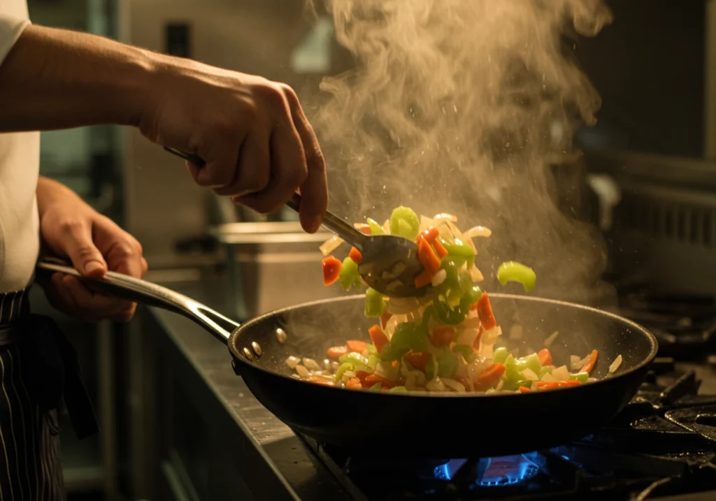 Cooking vegetables for homemade chicken noodle soup in a pot.