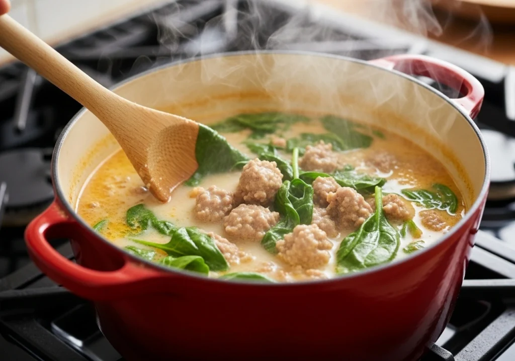Cooking creamy parmesan Italian sausage soup in a Dutch oven with steam rising.