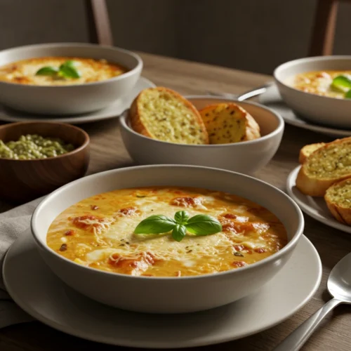 Creamy lasagna soup in a bowl topped with mozzarella and basil on a rustic table.