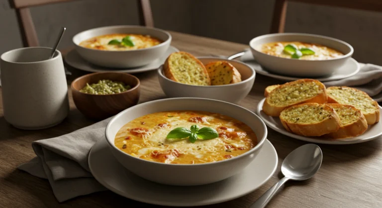 Creamy lasagna soup in a bowl topped with mozzarella and basil on a rustic table.