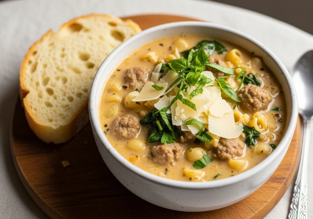 Creamy parmesan Italian sausage soup served with parmesan and bread.