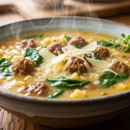 Creamy parmesan Italian sausage soup served in a rustic bowl topped with parmesan and spinach.