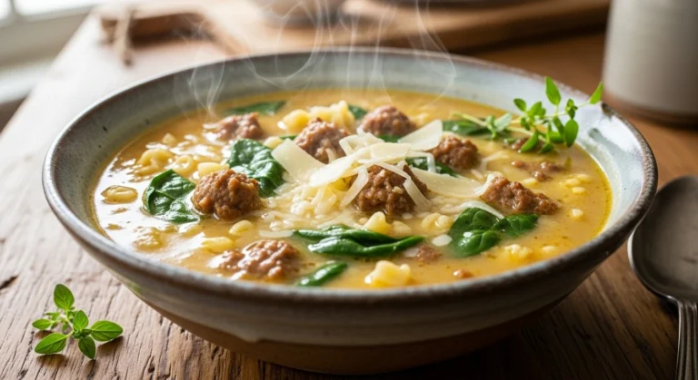 Creamy parmesan Italian sausage soup served in a rustic bowl topped with parmesan and spinach.