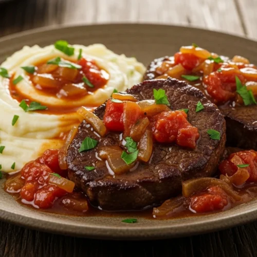 Homemade swiss steak served with tomato gravy and mashed potatoes.
