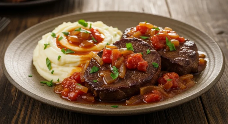 Homemade swiss steak served with tomato gravy and mashed potatoes.
