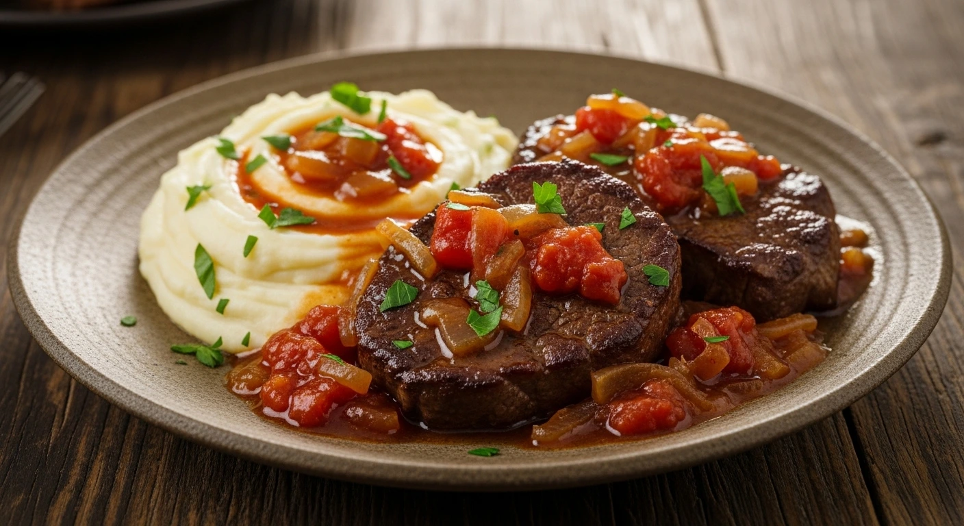 Homemade swiss steak served with tomato gravy and mashed potatoes.