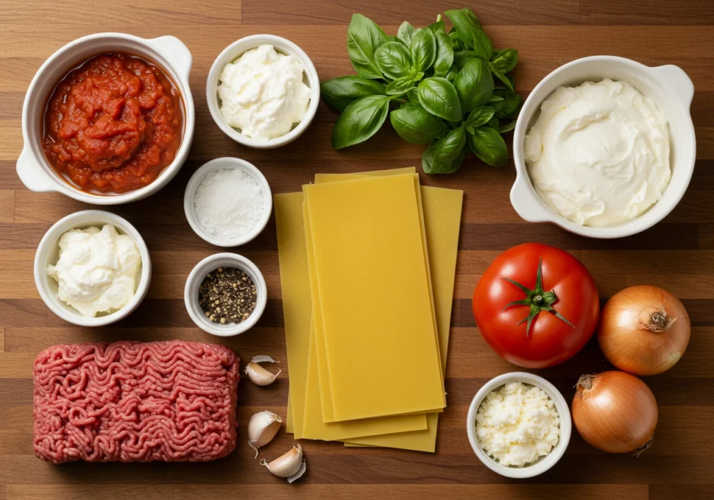 Fresh ingredients for creamy lasagna soup laid out on a wooden table.