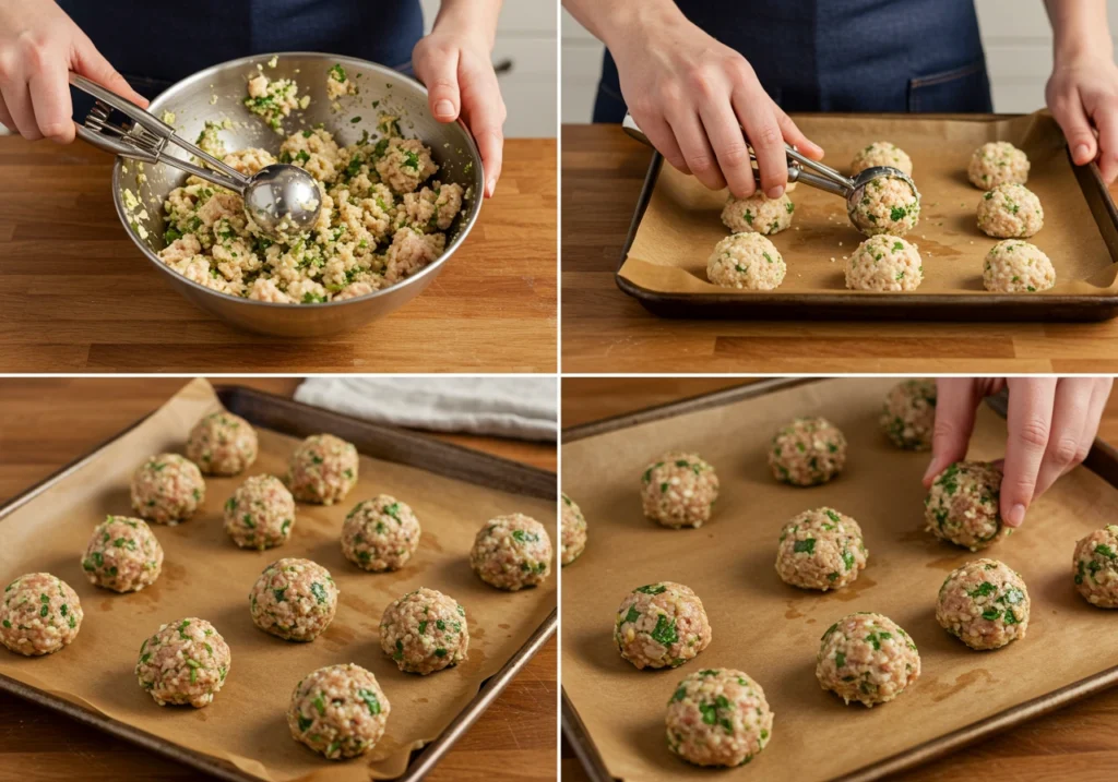 Hands shaping turkey meatballs on a baking tray lined with parchment.