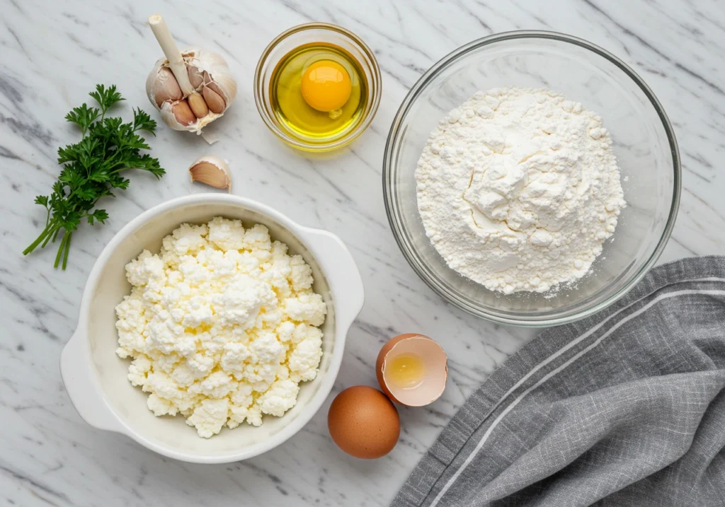Flat lay of cottage cheese, eggs, flour, herbs, and olive oil.