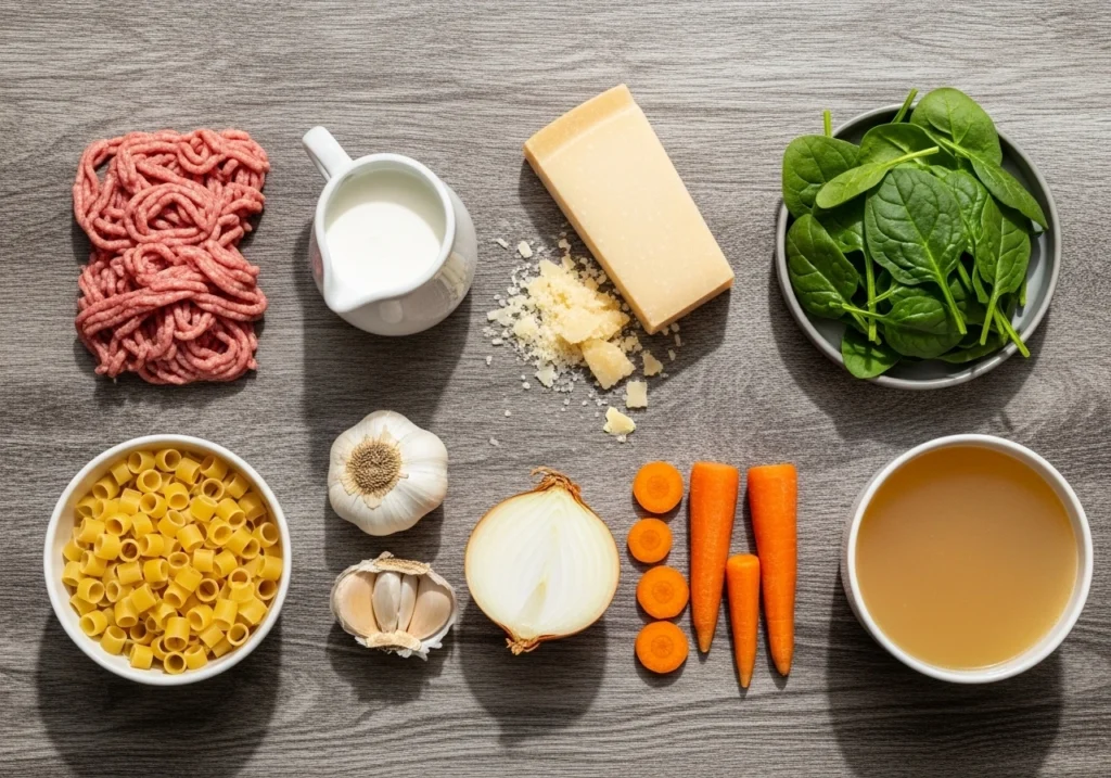 Flat lay of fresh ingredients for creamy parmesan Italian sausage soup.