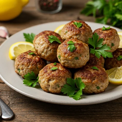 Juicy baked turkey meatballs served on a rustic plate with fresh herbs and lemon.