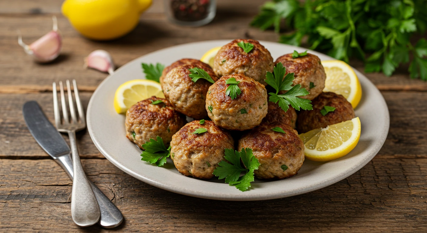 Juicy baked turkey meatballs served on a rustic plate with fresh herbs and lemon.