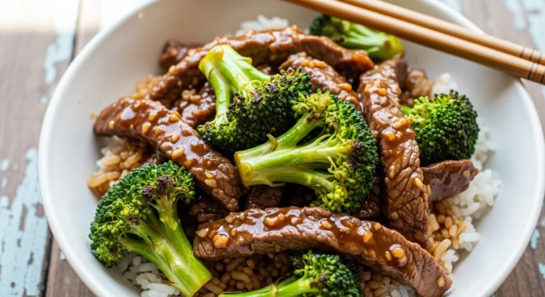 Savory beef and broccoli stir fry with glossy soy-garlic sauce served in a bowl.