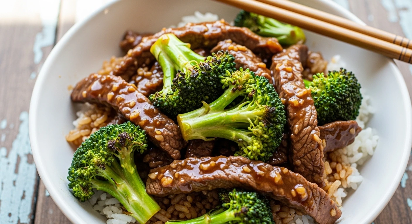 Savory beef and broccoli stir fry with glossy soy-garlic sauce served in a bowl.
