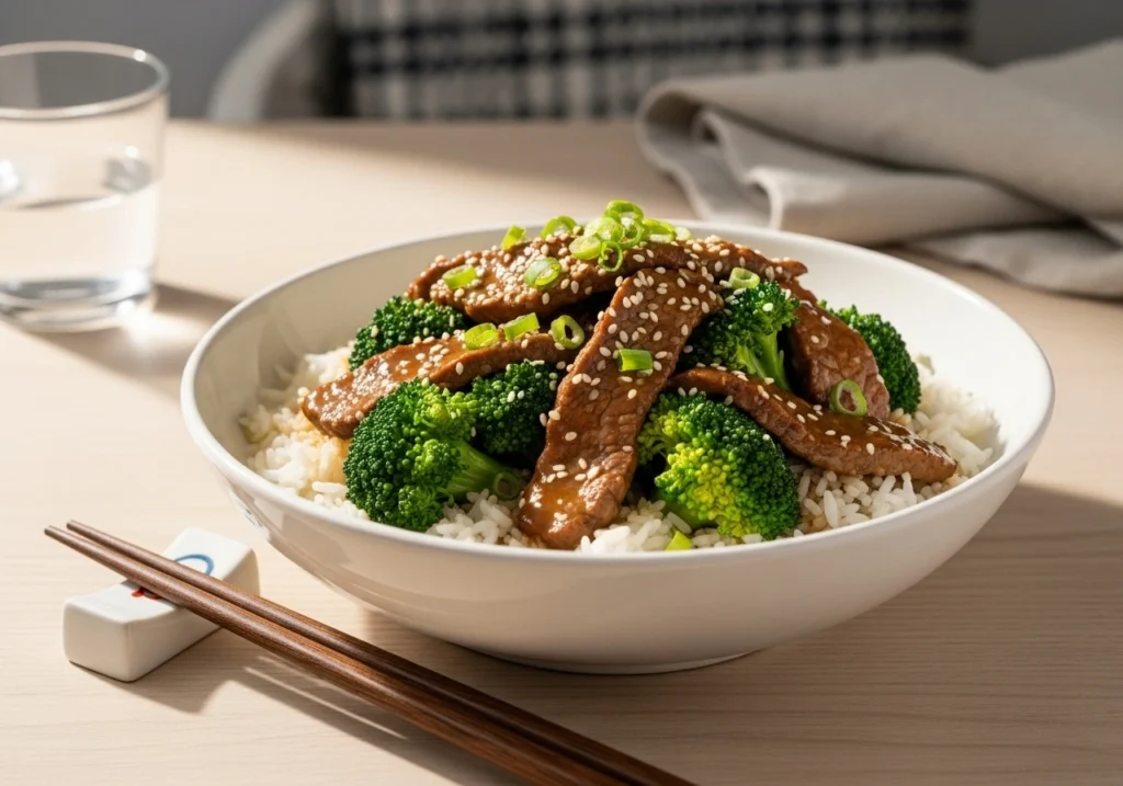 Bowl of beef and broccoli served over jasmine rice with sesame seeds.