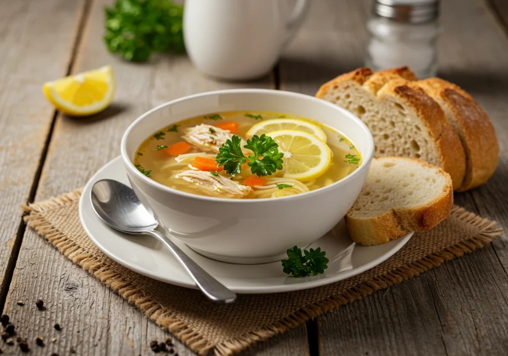 Served bowl of chicken noodle soup with bread and herbs.