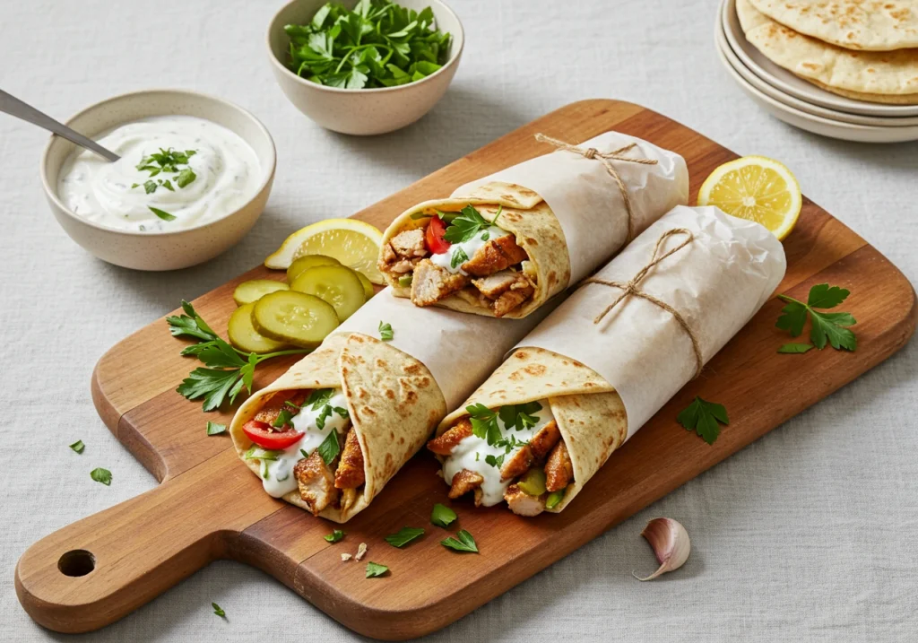 Served chicken shawarma wraps with sauces and pickles