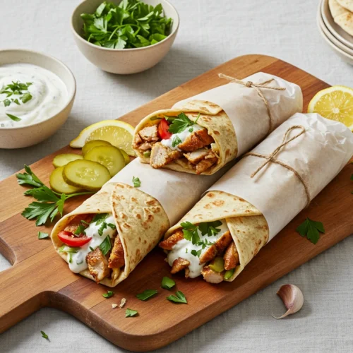 Served chicken shawarma wraps with sauces and pickles