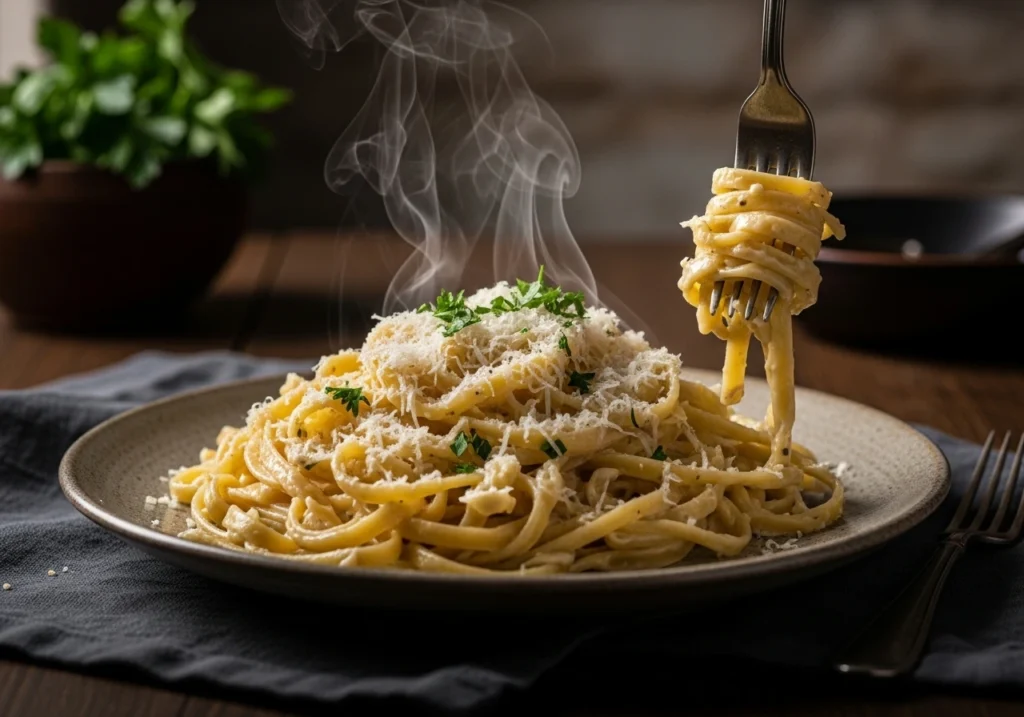 Fettuccine coated in creamy cottage cheese Alfredo sauce, topped with Parmesan and parsley.
