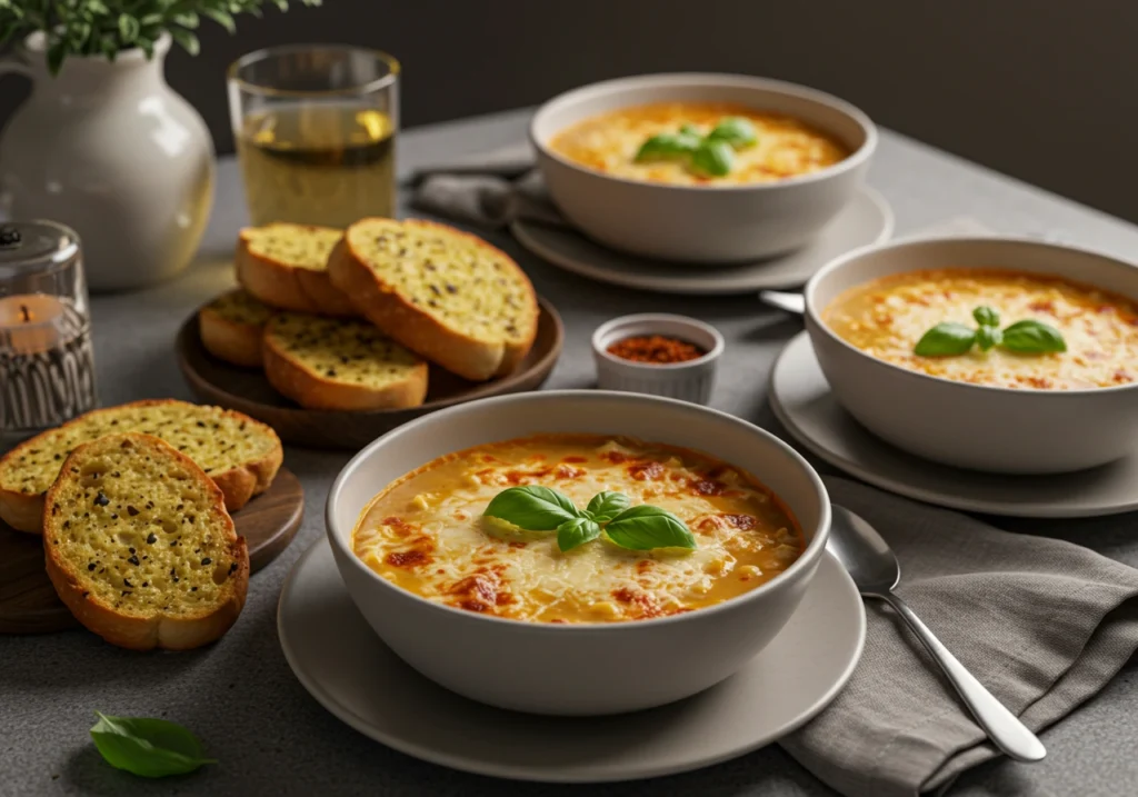 Bowls of lasagna soup served with garlic bread and fresh basil on a rustic dinner table.