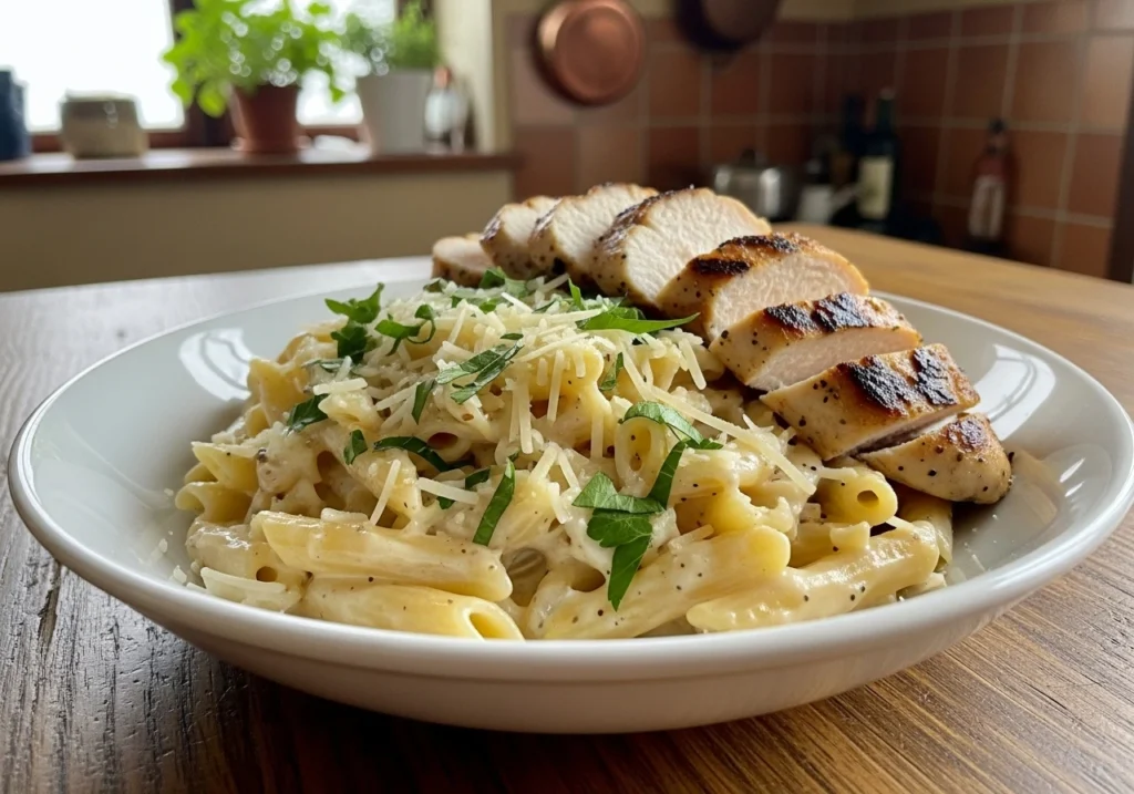 A serving of garlic parmesan chicken pasta garnished with parsley and parmesan, served with garlic bread.
