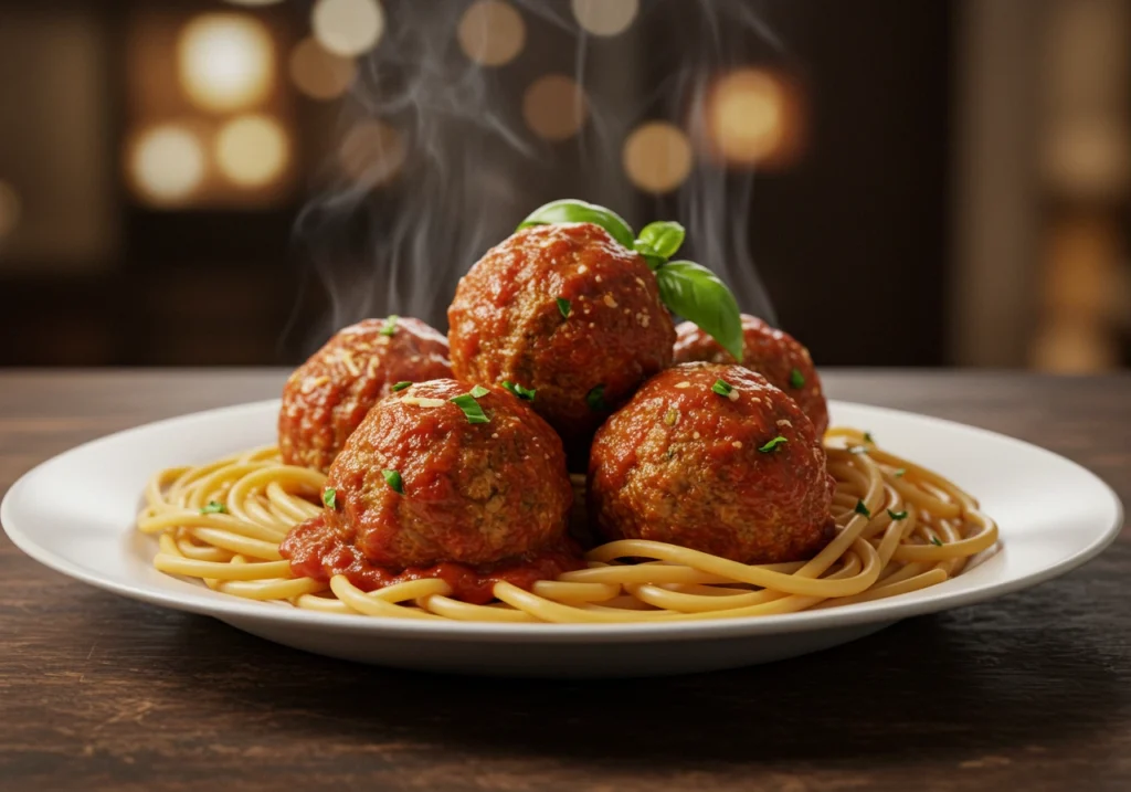 Turkey meatballs with marinara sauce and pasta on a dinner plate.