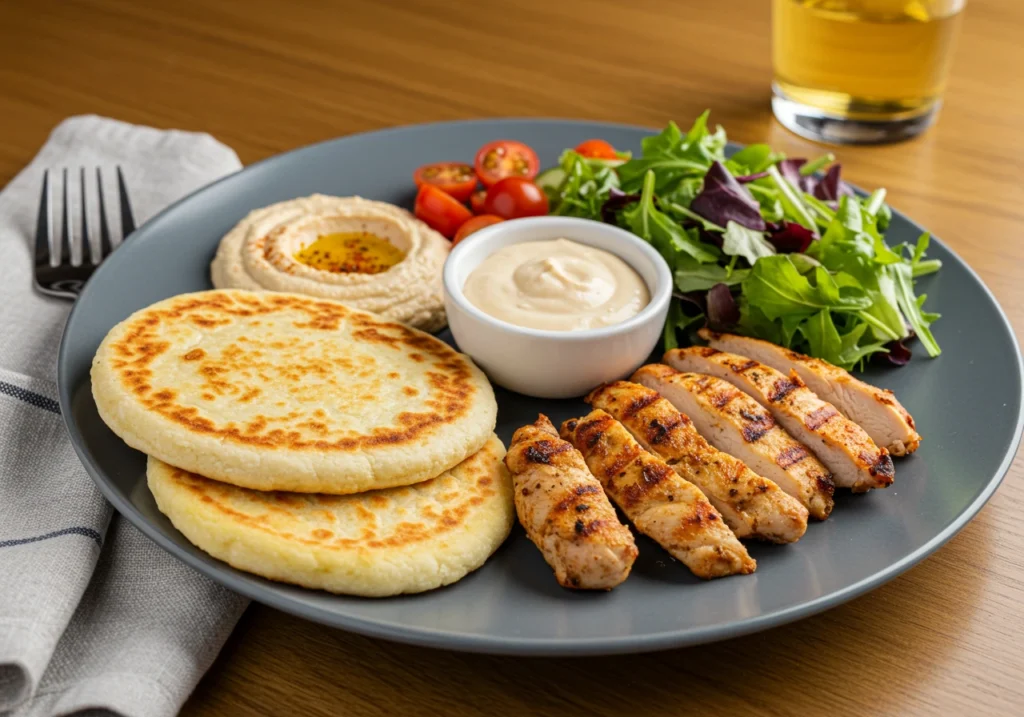 Cottage cheese flatbread served with hummus and salad.