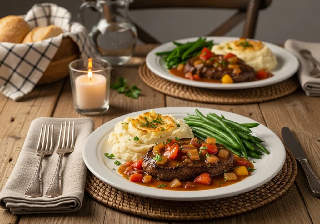 Plated swiss steak served with mashed potatoes and vegetables.