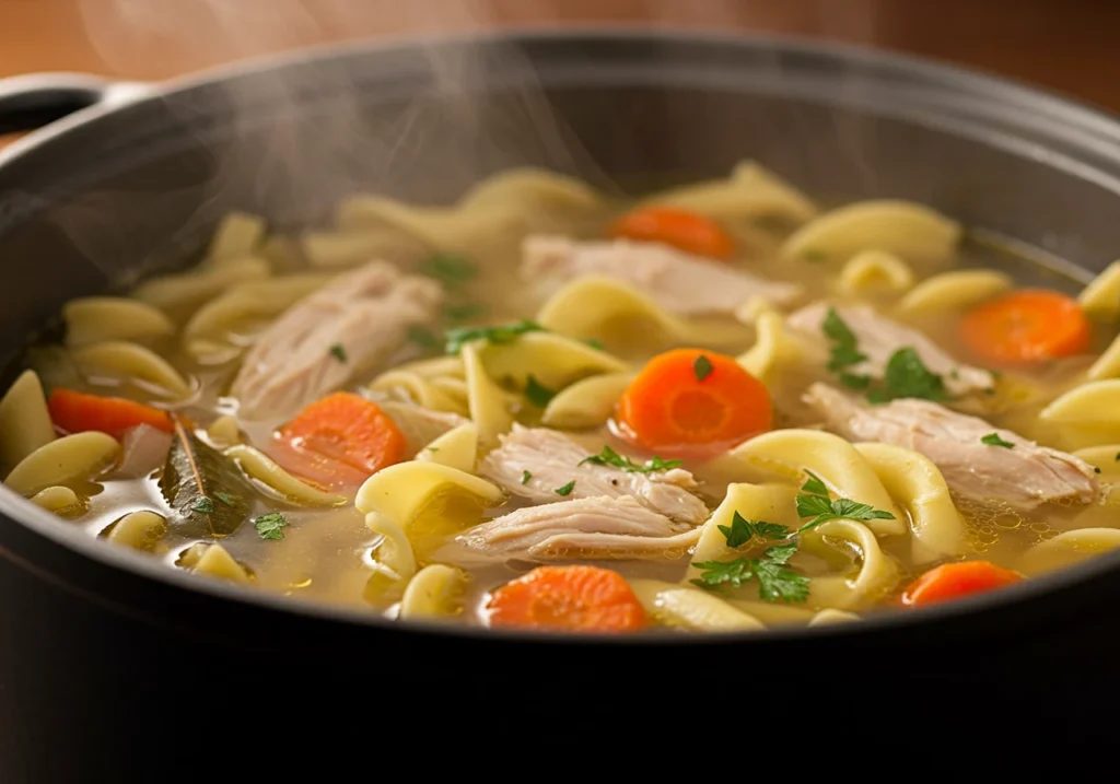 Chicken noodle soup simmering with noodles and vegetables.