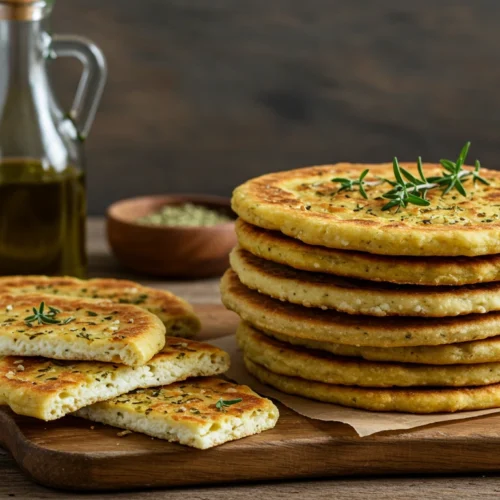 Cottage cheese flatbread stacked on a rustic table with herbs.