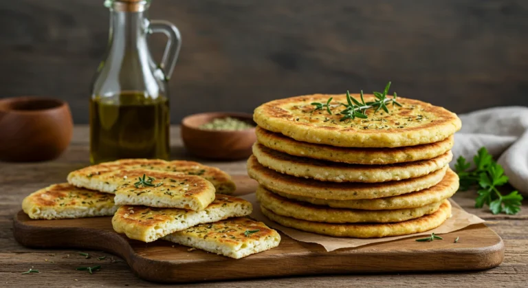 Cottage cheese flatbread stacked on a rustic table with herbs.