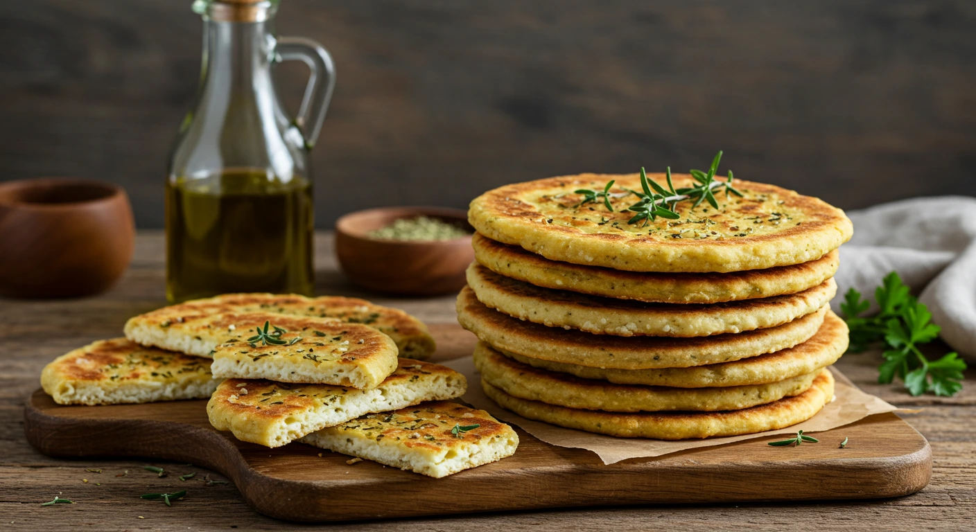 Cottage cheese flatbread stacked on a rustic table with herbs.