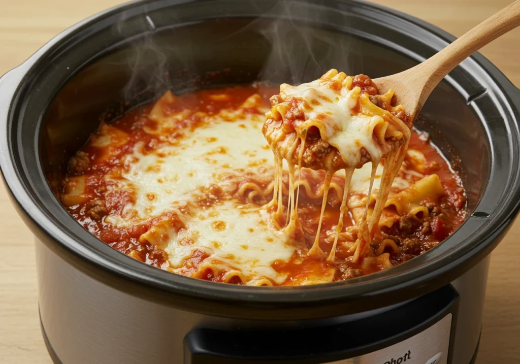 Slow cooker filled with creamy lasagna soup ready to serve.