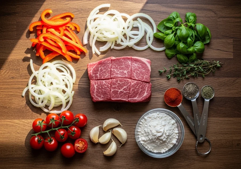 Ingredients for homemade swiss steak laid out on a kitchen counter.