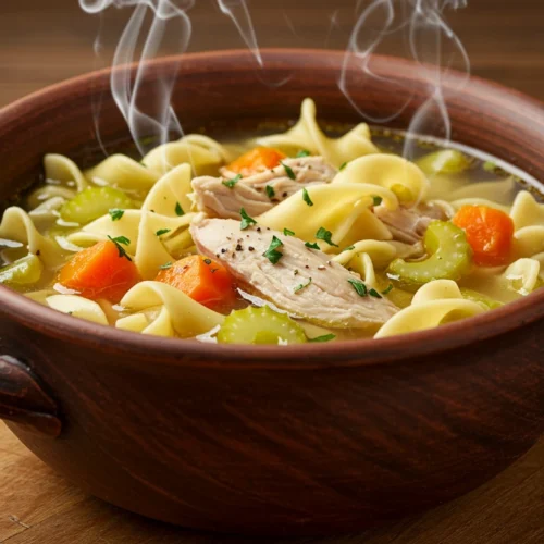 Best chicken noodle soup recipe served hot in a rustic bowl.