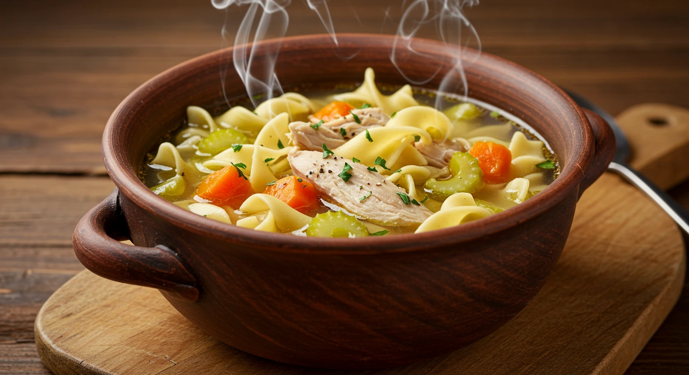 Best chicken noodle soup recipe served hot in a rustic bowl.