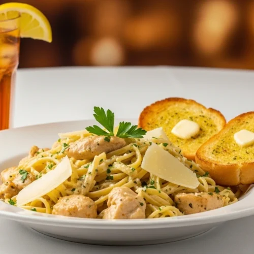 Creamy garlic parmesan chicken pasta topped with sliced grilled chicken and fresh parsley.