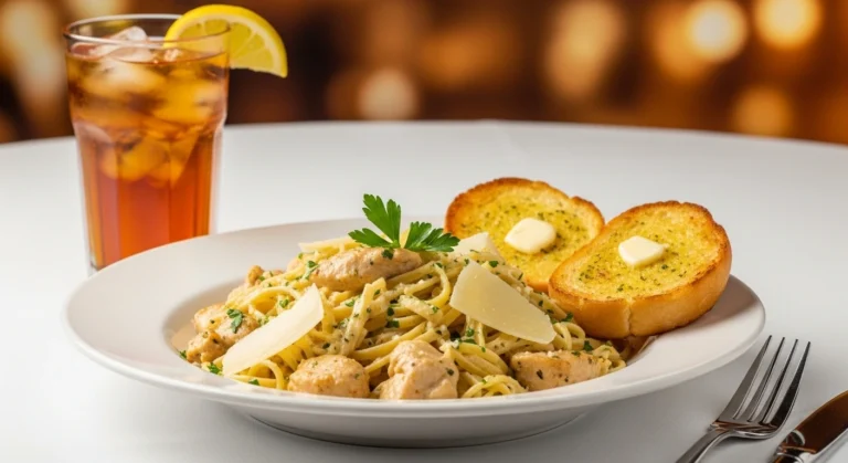 Creamy garlic parmesan chicken pasta topped with sliced grilled chicken and fresh parsley.