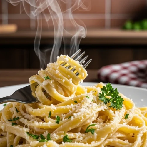 Creamy cottage cheese Alfredo sauce served over fettuccine pasta in a white bowl.