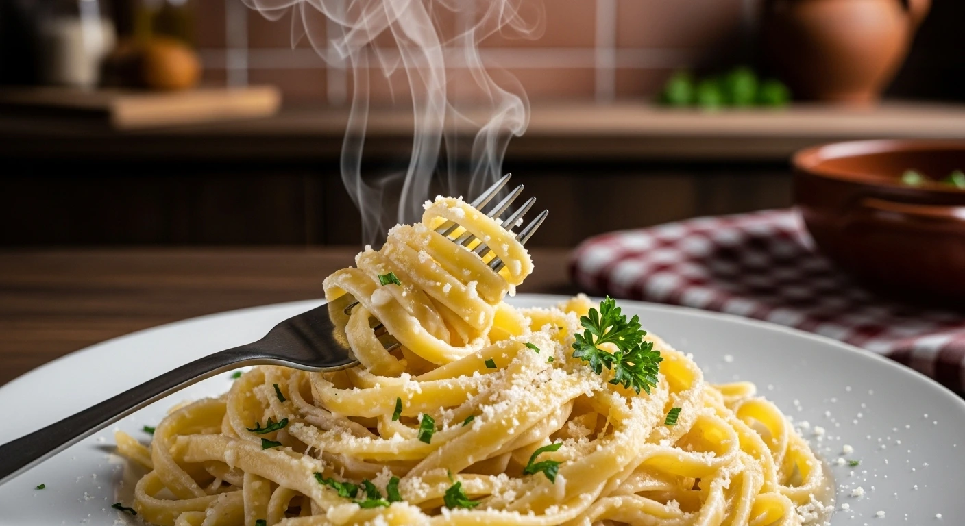 Creamy cottage cheese Alfredo sauce served over fettuccine pasta in a white bowl.