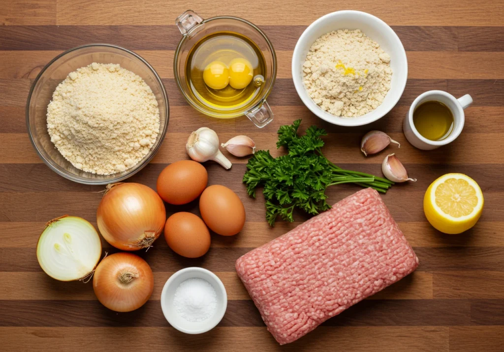 Ingredients for homemade turkey meatballs on a wooden table.